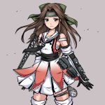  1girl bow brown_eyes brown_hair catapult cowboy_shot dated elbow_gloves forehead_protector gloves hachimaki hair_bow hair_intakes hamu_agaki headband jintsuu_(kantai_collection) kantai_collection long_hair looking_at_viewer machinery remodel_(kantai_collection) school_uniform serafuku signature skirt solo thigh-highs thigh_strap turret 