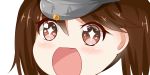  +_+ 1girl brown_eyes brown_hair close-up eyebrows_visible_through_hair kantai_collection long_hair looking_at_viewer no_nose ryuujou_(kantai_collection) simple_background sin-poi sparkling_eyes star star-shaped_pupils symbol-shaped_pupils twintails visor_cap white_background 