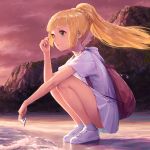  1girl backpack bag beach blonde_hair blush clouds dress green_eyes highres lillie_(pokemon) long_hair mountain noske pokemon pokemon_(game) pokemon_sm ponytail scenery shore sidelocks skirt sky smile solo spoilers squatting ticket water white_dress wind 