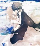  1boy 1girl black_clothes black_hair blonde_hair dress final_fantasy final_fantasy_xv flower hand_on_another&#039;s_face hetero highres hug incipient_kiss lunafreya_nox_fleuret noctis_lucis_caelum petals sky spiky_hair white_dress 