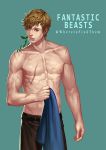  1boy aqua_background brown_hair chocolazy copyright_name fantastic_beasts_and_where_to_find_them freckles green_eyes leaf male_focus newt_scamander scar shirtless simple_background solo 
