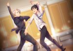  2boys ballroom black_hair blue_eyes brown_eyes dancing dutch_angle formal katsuki_yuuri male_focus multiple_boys necktie open_mouth silver_hair smile suit viktor_nikiforov yuri!!!_on_ice yuyu_(yuyudesu0806) 