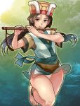  1girl absurdres anklet barefoot brown_hair comic dancing flute hat highres instrument japanese_clothes jewelry kimono long_hair music original playing_instrument short_kimono sleeveless sleeveless_kimono traditional_clothes tunic yellow_eyes yewang19 