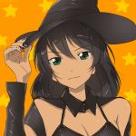  1girl artist_name bangs black_dress black_hat breasts brown_hair chimaki_(u9works) cleavage dark_skin dress girls_und_panzer green_eyes halloween_costume hand_on_headwear hat hoshino_(girls_und_panzer) light_smile long_sleeves looking_at_viewer medium_breasts nail_polish orange_background portrait short_hair solo star starry_background witch_hat 