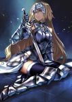  1girl armor armored_dress bare_shoulders blonde_hair blue_eyes breasts chains fate/apocrypha fate/grand_order fate_(series) gauntlets greaves headpiece helmet highres karlwolf long_hair looking_at_viewer ruler_(fate/apocrypha) simple_background skirt solo source_request sword weapon 