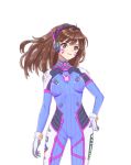  &gt;:3 1girl :3 ahoge animal_print arm_at_side bangs bodysuit bracer breasts brown_hair bunny_print clothes_writing cowboy_shot d.va_(overwatch) facepaint facial_mark facing_viewer hand_on_hip headphones high_collar light_smile long_hair looking_afar medium_breasts overwatch pilot_suit pink_lips ribbed_bodysuit shoulder_pads simple_background sketch skin_tight snana solo swept_bangs whisker_markings white_background 