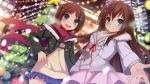  2girls blue_eyes blue_skirt brown_hair christmas christmas_tree from_below hair_ornament hand_on_hip highres long_hair multiple_girls nerv110 open_mouth original outdoors pleated_skirt red_ribbon red_skirt ribbon short_hair siblings skirt smile twins 