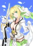  1girl blonde_hair blue_background breasts cleavage collarbone fate/extra fate/extra_ccc fate_(series) green_eyes holding holding_sword holding_weapon jewelry large_breasts long_hair necklace petals saber_bride saber_extra sensei_(hitagi3594) skirt_hold solo sword weapon 