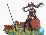  1girl armor black_hair breasts butterfly four_goddesses_online:_cyber_dimension_neptune garter_straps giantess lance neptune_(series) noire open_mouth polearm red_eyes smile tomato twintails weapon 