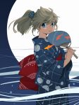  1girl akai_sashimi blue_eyes fan japanese_clothes kimono looking_at_viewer paper_fan ponytail smile solo uchiwa yukata 