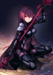  1girl bodysuit breasts covered_navel fate/grand_order fate_(series) gae_bolg highres karlwolf long_hair looking_at_viewer pauldrons polearm purple_bodysuit purple_hair red_eyes scathach_(fate/grand_order) smile solo spear weapon 