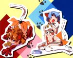  2girls :3 ;o animal_ears armor ayanami_rei bell bikini bikini_armor blue_eyes blue_hair blush blush_stickers bodysuit boots bowl breasts cat_ears cat_girl cat_tail food food_in_mouth gloves jingle_bell long_hair looking_at_viewer mechanical_parts multiple_girls navel neon_genesis_evangelion one_eye_closed open_mouth orange_hair paw_gloves paw_pose paw_shoes pet_bowl plugsuit red_bodysuit red_eyes shoes short_hair souryuu_asuka_langley stretch swimsuit tail taiyaki thigh-highs thigh_boots wagashi watanabe_akio yawning 