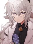  1boy animal_ears arknights bishounen black_shirt bouquet closed_mouth flower formal goat_boy goat_ears grey_hair highres jewelry kreide_(arknights) male_focus mengyajunsprout necklace purple_flower shirt short_hair simple_background solo suit upper_body violet_eyes 