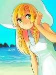  1girl bangs bare_arms beach blonde_hair braid breasts closed_mouth collarbone collared_dress day dress green_eyes hat lillie_(pokemon) long_hair looking_away looking_to_the_side ocean outdoors pokemon pokemon_(game) pokemon_sm rock sleeveless sleeveless_dress small_breasts smile solo sun_hat sundress tairiku twin_braids water white_dress white_hat 