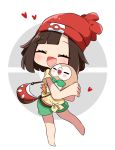  1girl bag bangs beanie black_hair blush chibi closed_eyes female_protagonist_(pokemon_sm) green_shorts handbag happy hat highres hug open_mouth pokemon pokemon_(creature) pokemon_(game) pokemon_sm red_hat rowlet shirt short_hair short_shorts shorts surumesan swept_bangs t-shirt tied_shirt 