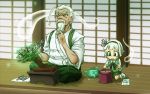  1boy 1girl beard blush bonsai bow chamaji dirt facial_hair gardening hair_bow hakama indian_style japanese_clothes konpaku_youki konpaku_youki_(ghost) konpaku_youmu konpaku_youmu_(ghost) porch pot scar scar_across_eye scissors seed sitting sliding_doors stroking_beard touhou vest wariza watering_can white_hair younger 