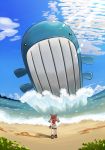  1girl bandanna beach bike_shorts brown_hair clouds collared_shirt dadadanoda fanny_pack female from_behind haruka_(pokemon) hat nature ocean outdoors plant poke_ball pokemon pokemon_(creature) pokemon_(game) pokemon_rse scenery shirt sky solo wailord 