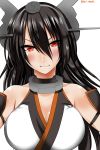  &gt;:) 1girl ar_(lover_boy) bangs bare_shoulders black_hair blush breasts cleavage closed_mouth hair_between_eyes headgear highres kantai_collection large_breasts long_hair looking_at_viewer nagato_(kantai_collection) red_eyes solo upper_body 