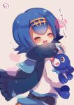  1girl blue_hair blue_pants blue_scarf blush closed_eyes hairband happy heart highres muuran one-piece_swimsuit open_mouth pants pokemon pokemon_(game) pokemon_sm popplio scarf short_hair smile solo suiren_(pokemon) swimsuit swimsuit_under_clothes translation_request trial_captain 