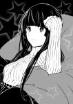  1girl :3 absurdres bangs bean_bag_chair black_background black_hair blunt_bangs clenched_hand eyebrows_visible_through_hair flying_witch greyscale hand_on_own_head highres ishizuka_chihiro kowata_makoto looking_at_viewer monochrome reclining ribbed_sweater sidelocks sleeves_past_wrists solo star sweater tareme upper_body 