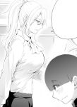  1boy 1girl blush book breasts commentary commentary_request glasses highres indoors ishima_yuu monochrome open_book original ponytail shirt 