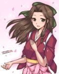  1girl bow brown_eyes brown_hair cherry_blossoms cosplay dated hair_bow hakama hamu_agaki japanese_clothes jintsuu_(kantai_collection) kamikaze_(kantai_collection) kamikaze_(kantai_collection)_(cosplay) kantai_collection kimono long_hair meiji_schoolgirl_uniform petals pink_hakama signature smile solo sparkle 