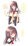  ! !! 1girl :o bangs black_legwear blush brown_hair comic covering covering_crotch embarrassed eyebrows_visible_through_hair feet female full-face_blush hair_between_eyes jitome kneehighs long_hair looking_at_viewer multiple_views neckerchief no_shoes original parted_lips school_uniform serafuku simple_background sitting skirt speech_bubble spoken_exclamation_mark surprised sweatdrop tetsu_tissue toes translated uniform violet_eyes white_background 