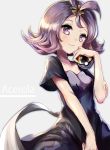  1girl :3 acerola_(pokemon) armlet blush character_name dress elite_four flipped_hair hair_ornament hairclip highres holding holding_poke_ball poke_ball pokemon pokemon_(game) pokemon_sm purple_hair short_hair short_sleeves simple_background smile solo stitches topknot torn_clothes torn_dress tosk_(swav-coco) ultra_ball 