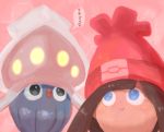  1girl bangs beanie black_hair blue_eyes closed_mouth cosmo_(465lilia) female_protagonist_(pokemon_sm) hat inkay player_character pokemon pokemon_(creature) pokemon_(game) pokemon_sm red_hat short_hair smile speech_bubble squid swept_bangs text translation_request 