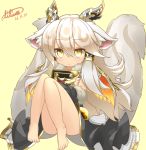  1girl :&lt; animal_ears barefoot blush book dated demon_horns detached_sleeves feathered_wings fur-trimmed_sleeves fur_trim hair_tubes holding holding_book horns illumina_(p&amp;d) ilmina_(p&amp;d) lilium0235 long_hair looking_at_viewer multiple_tails puzzle_&amp;_dragons signature silver_hair solo tail wings yellow_background yellow_eyes 