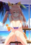  1girl :3 animal_ears beach bikini blush bow breasts cleavage clouds collarbone cup drinking_glass drinking_straw fate/extra fate_(series) food fox_ears fox_tail fruit hair_bow highres large_breasts looking_at_viewer naughty_face navel orange orange_slice palm_tree pink_hair revision side-tie_bikini sidelocks sitting solo starfish subaru_(794829485) sweat swimsuit table tail tamamo_(fate)_(all) tamamo_no_mae_(fate) tree twintails under_boob water watermelon white_bikini yellow_eyes 