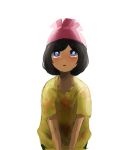  1girl bangs beanie black_hair blue_eyes blush collarbone female_protagonist_(pokemon_sm) floral_print green_shorts hat leaning_forward looking_up open_mouth pheromosa player_character pleo pokemon pokemon_(creature) pokemon_(game) pokemon_sm red_hat shirt short_hair short_sleeves shorts simple_background solo swept_bangs ultra_beast white_background yellow_shirt 