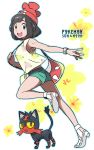  1girl aqua_shorts armpit_peek armpits bag bangs black_hair blue_eyes blunt_bangs churumi_(grie) commentary_request copyright_name female_protagonist_(pokemon_sm) floral_background floral_print full_body hat high_heels litten_(pokemon) looking_at_viewer open_mouth outline outstretched_arm pokemon pokemon_(creature) pokemon_(game) pokemon_sm red_eyes red_hat running sandals shirt short_hair short_shorts shorts sleeveless smile watch white_background yellow_sclera yellow_shirt 