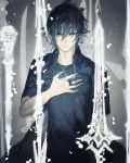  1boy black_hair black_jacket ebira final_fantasy final_fantasy_xv glowing glowing_weapon jacket jewelry looking_at_viewer noctis_lucis_caelum ring solo spiky_hair upper_body weapon 