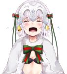  1girl bell black_bikini_top blush bow capelet closed_eyes crying fate/grand_order fate_(series) fur_trim hair_ribbon headpiece jeanne_alter jeanne_alter_(santa_lily)_(fate) midriff nose_blush open_mouth ribbon round_teeth ruler_(fate/apocrypha) short_hair silver_hair solo streaming_tears striped striped_bow tears teeth tr_(kangtw123) upper_body white_background 