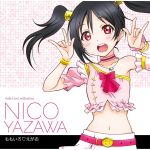  1girl belt black_hair blush bow bracelet collar earrings frills highres jewelry looking_at_viewer love_live! love_live!_school_idol_project midriff navel necklace open_mouth red_eyes short_sleeves simple_background smile twintails upper_body yazawa_nico 