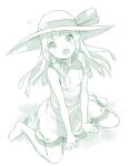  1girl barefoot braid dress hat lillie_(pokemon) long_hair monochrome open_mouth pokemon pokemon_(game) pokemon_sm simple_background sitting sleeveless sleeveless_dress solo sun_hat twin_braids white_background yukiu_kon 