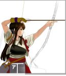  1girl akagi_(kantai_collection) arrow bow_(weapon) brown_eyes brown_hair commentary_request drawing_bow holding holding_weapon japanese_clothes kantai_collection long_hair muneate red_skirt rigging sidelocks sketch skirt sleeves_rolled_up solo tasuki watanore weapon white_background yugake yumi_(bow) 