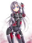  1girl armor blue_eyes breasts clenched_hand commentary_request cyborg exposed_muscle expressionless grey_hair hand_up highres long_hair looking_at_viewer mechanical_arm mechanical_legs neit_ni_sei original small_breasts solo white_background 