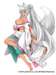  1girl 2015 alstroemeria animal_ears artist_request bare_shoulders barefoot brave_sword_x_blaze_soul breasts cleavage copyright dark_skin dated eyebrows_visible_through_hair fox_ears fox_tail high_ponytail holding_fan japanese_clothes kimono large_breasts long_hair long_sleeves obi off_shoulder official_art sash simple_background smile solo tail thick_eyebrows very_long_hair white_background white_hair 