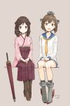 2girls :d artist_name blush boots brown_background brown_boots brown_hair clenched_hands closed_mouth collarbone dated dress drill_hair eyebrows_visible_through_hair full_body hakama harukaze_(kantai_collection) head_tilt headgear high_heels japanese_clothes kantai_collection kawashina_(momen_silicon) long_sleeves looking_at_viewer multiple_girls number open_mouth oriental_umbrella sailor_dress short_hair simple_background sitting sketch smile umbrella white_dress yukikaze_(kantai_collection) 