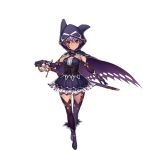  1girl asafimu boots cape dress elbow_gloves expressionless facial_mark full_body gloves gretel_(sennen_sensou_aigis) holding holding_sword holding_weapon hood looking_at_viewer official_art purple_hair sennen_sensou_aigis sheath sheathed skirt solo sword tattoo transparent_background underbust weapon 