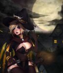 1girl absurdres alternate_costume blonde_hair breasts cleavage earrings hat highres jack-o&#039;-lantern jack-o&#039;-lantern_earrings jewelry mary_fraser mercy_(overwatch) moon overwatch solo witch_hat witch_mercy 