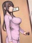  &gt;:( 1girl bangs black_hair breasts brown_eyes closed_mouth cowboy_shot doorknob from_side large_breasts long_hair looking_at_viewer looking_to_the_side original pajamas pepe_(jonasan) sidelocks solo toilet 