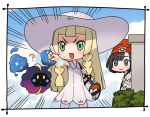  2girls ? bag beanie black_eyes black_hair blonde_hair braid bush cosmog dress duffel_bag female_protagonist_(pokemon_sm) green_eyes hat hirai_yukio lillie_(pokemon) long_hair multiple_girls open_mouth pokemon pokemon_(creature) pokemon_(game) pokemon_sm red_hat see-through shirt short_hair sky sleeveless sleeveless_dress sun_hat tied_shirt twin_braids white_dress white_hat 