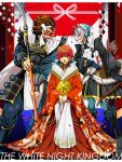  1boy 2girls armor arrow asama_(fire_emblem) asama_(fire_emblem_if) bow fire_emblem fire_emblem_if hinoka_(fire_emblem) hinoka_(fire_emblem_if) japanese_clothes jewelry kimono makeup multiple_girls noh_mask polearm setsuna_(fire_emblem) setsuna_(fire_emblem_if) spear tsuko_(25mnts) weapon 