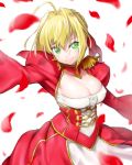  1girl aestus_estus ahoge blonde_hair braid breasts cleavage commentary_request dress epaulettes fate/extra fate/grand_order fate_(series) french_braid green_eyes hair_intakes hair_ribbon juliet_sleeves large_breasts long_sleeves nero_claudius_(fate) nero_claudius_(fate)_(all) onsoku_maru petals puffy_sleeves red_dress red_ribbon ribbon saber_extra see-through solo white_background wide_sleeves 