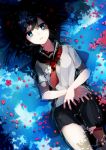  1girl absurdres black_hair black_skirt blue_eyes floating_hair from_above highres long_hair looking_at_viewer lying nail_polish on_back original partially_submerged pleated_skirt red_flower red_nails school_uniform serafuku shirt skirt sogawa66 solo white_shirt 