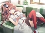  1girl belt blue_eyes blush breast_pocket breasts brown_hair couch dress eretto garter_straps hair_between_eyes hair_ornament high_heels impossible_clothes indoors kantai_collection knees_up large_breasts long_hair looking_at_viewer lying on_back ponytail red_legwear red_neckerchief saratoga_(kantai_collection) side_ponytail sidelocks smile smokestack thigh-highs white_dress 