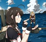  2girls ahoge any_(lucky_denver_mint) arms_up black_serafuku blonde_hair blue_sky braid brown_hair closed_eyes clouds day fingerless_gloves forced_perspective gloves grey_eyes hair_flaps hair_over_shoulder hair_ribbon kantai_collection long_hair multiple_girls ocean open_hand open_mouth outdoors perspective pointing remodel_(kantai_collection) ribbon school_uniform serafuku shigure_(kantai_collection) single_braid sky smile yuudachi_(kantai_collection) 
